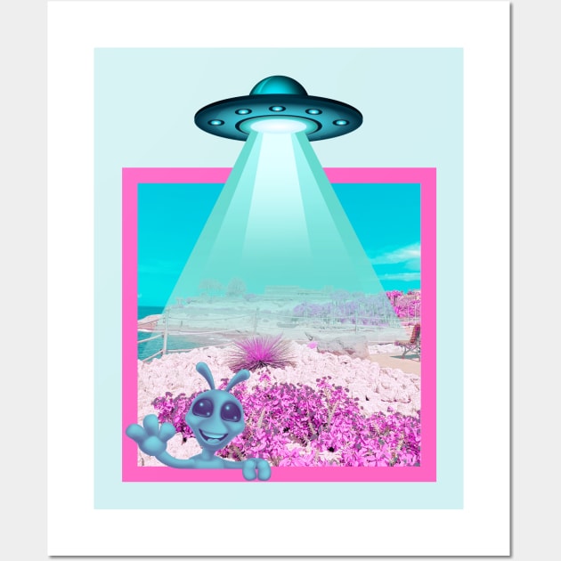 Smiling alien with ufo Wall Art by happygreen